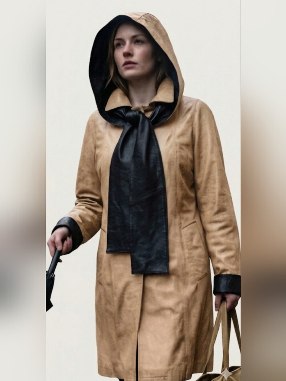 NooN Soft Faux-Leather Lined Trench Coat with Detachable Hood-Scarf / S / Tan